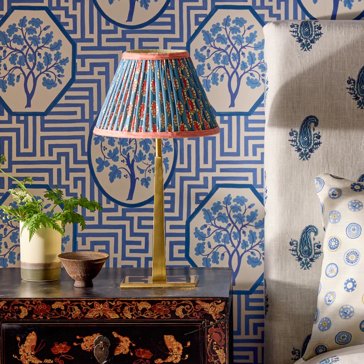 10 inch empire shade for cordless lamps in blue and red block printed Dotty gathered cotton by GP & J Baker - Image 5