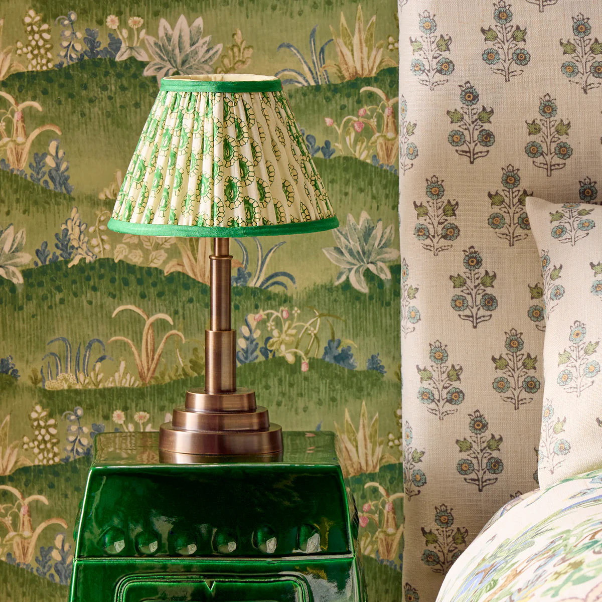 10 inch empire shade in green and white block printed Dotty gathered cotton by GP & J Baker - Image 5