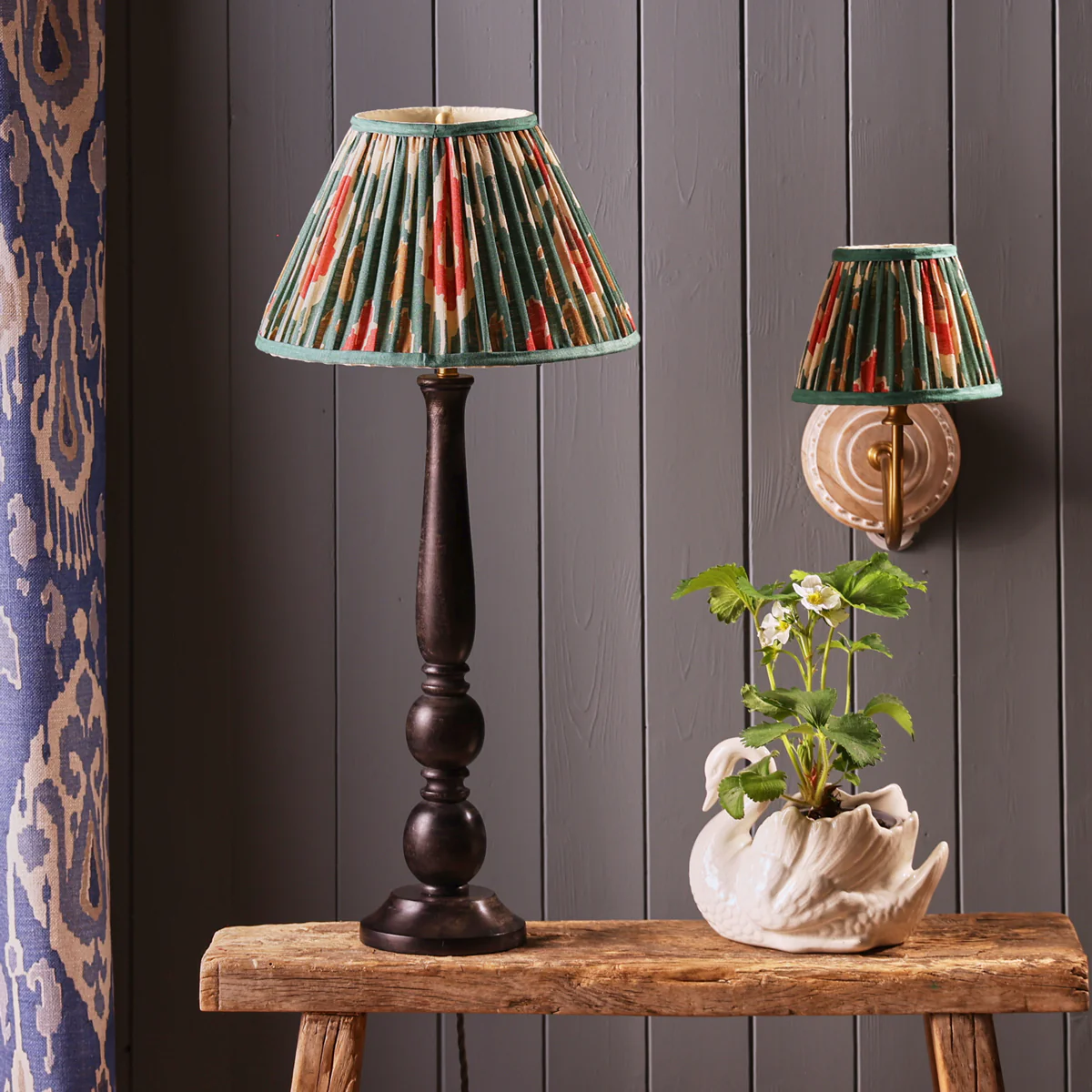 10 inch tapered drum shade in red aqua Bokhara gathered linen by GP & J Baker - Image 3