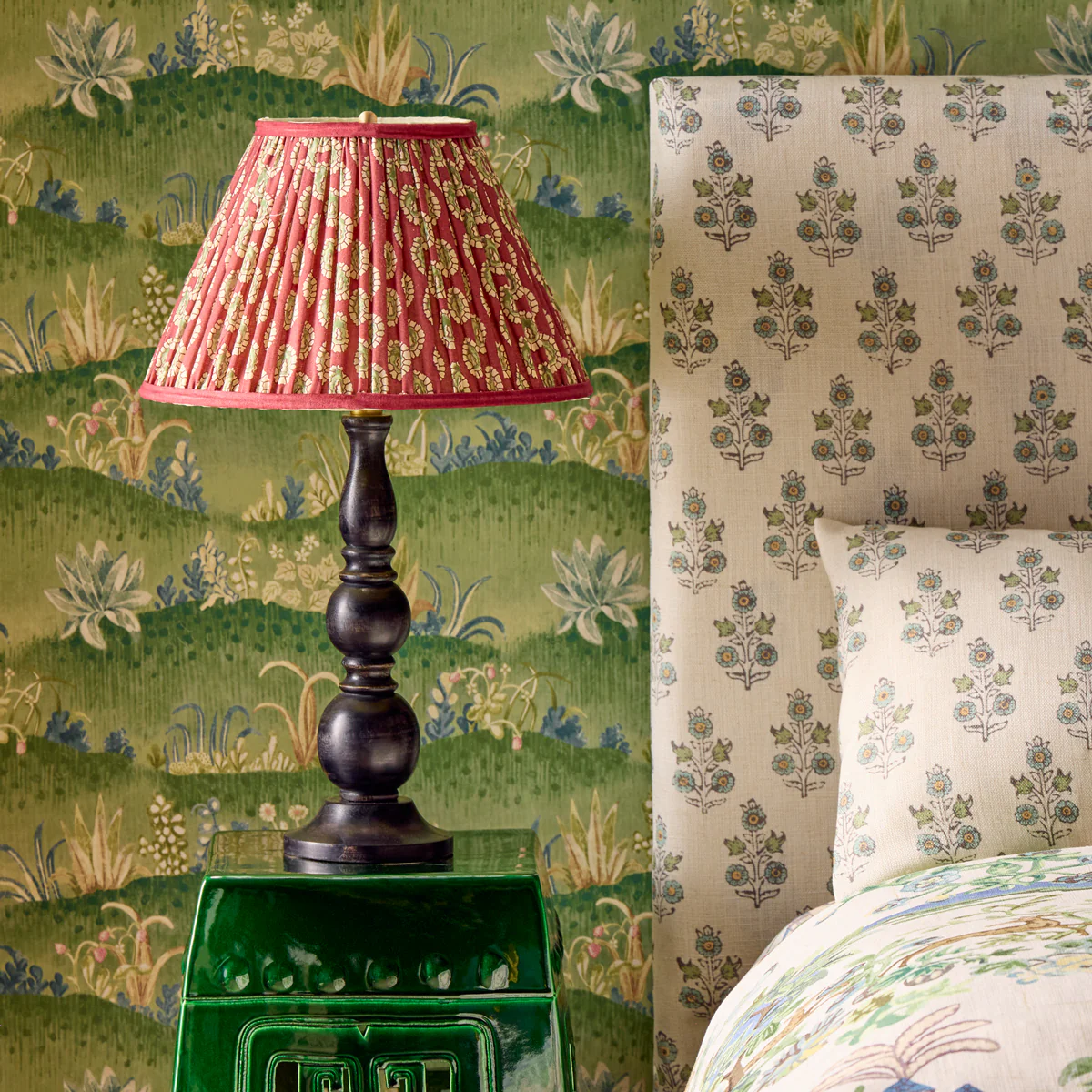 12 inch straight empire reversible gimbal shade in oxblood block printed Dotty gathered cotton by GP & J Baker - Image 5