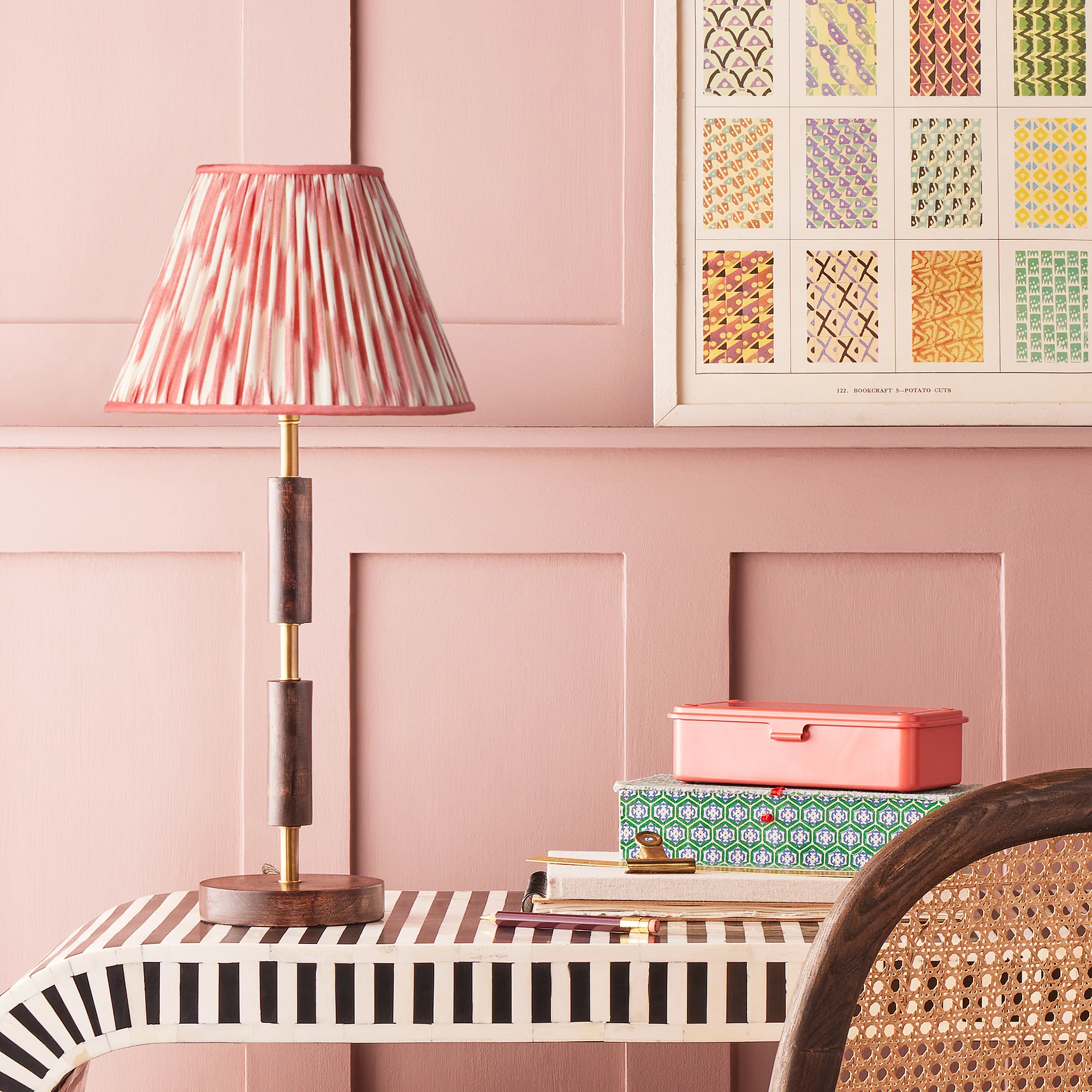 14 inch straight empire shade for cordless lamps silk ikat shade in coral and cream Atlas - Image 4
