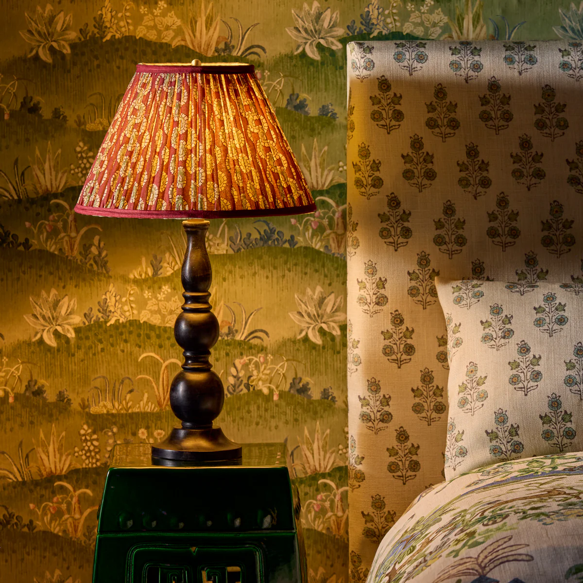 20 inch straight empire shade in oxblood block printed Dotty gathered cotton by GP & J Baker - Image 6