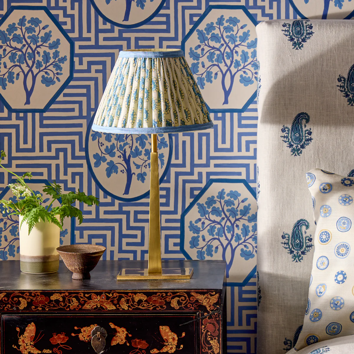 6 inch empire clip on shade in blue and white block printed Dotty gathered cotton by GP & J Baker - Image 5