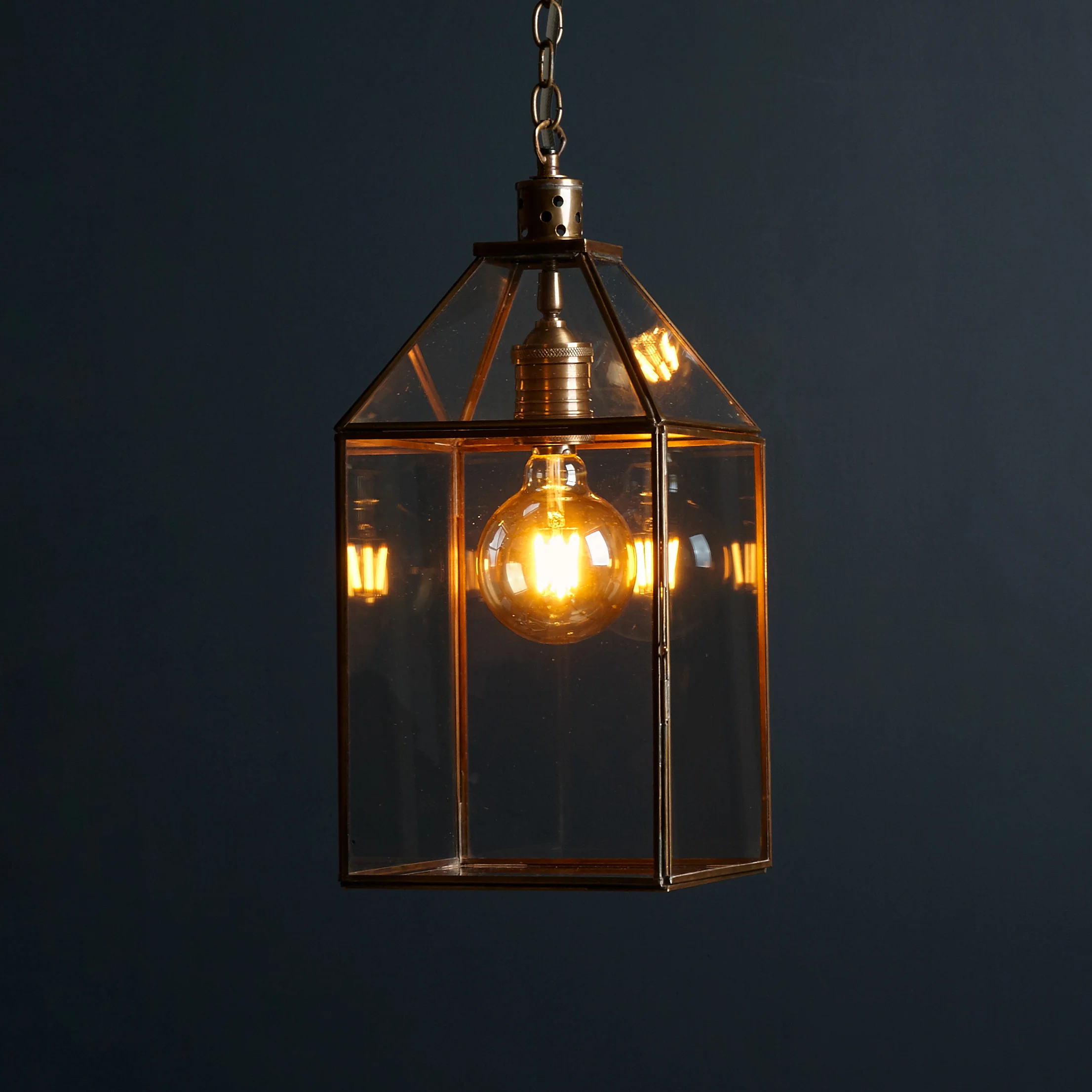 Larger Carrington hanging lantern in antiqued brass - Image 2